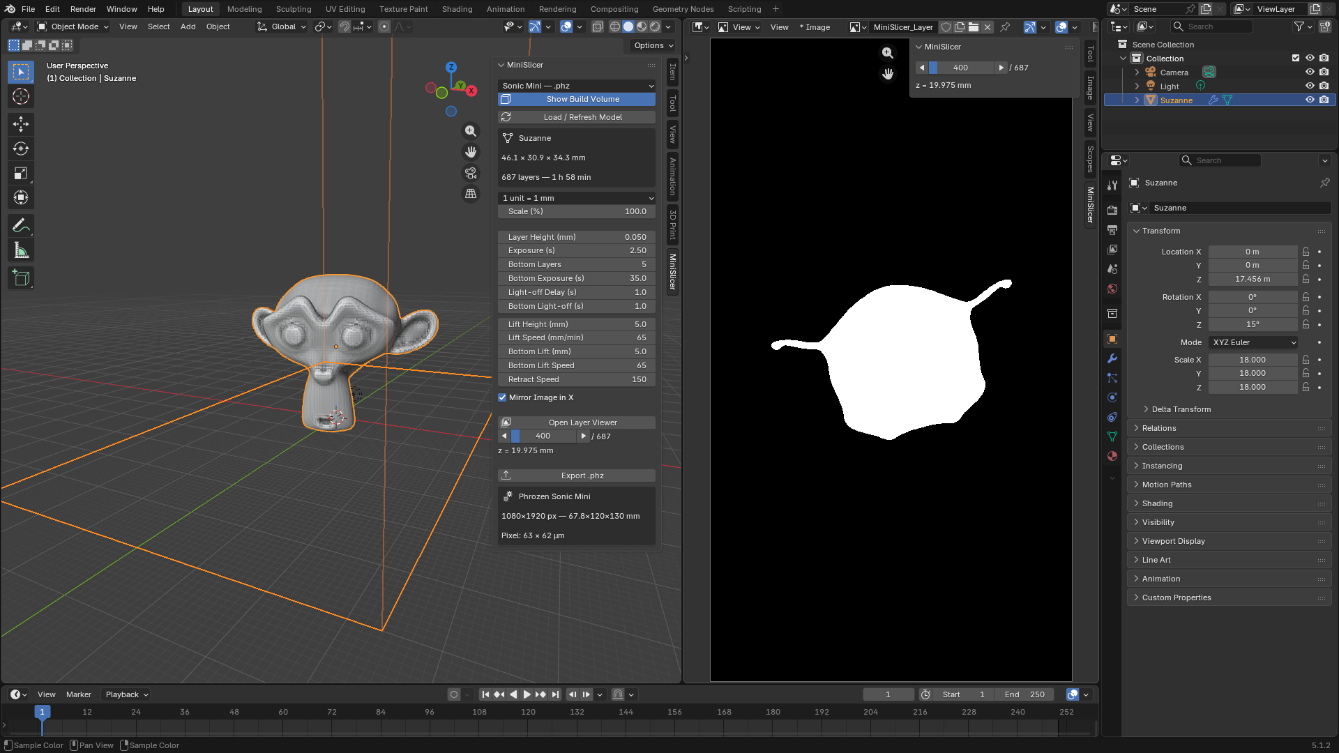 MiniSlicer en Blender: panel de laminado con Suzanne, volumen de impresión de la Phrozen Sonic Mini y visor de capas